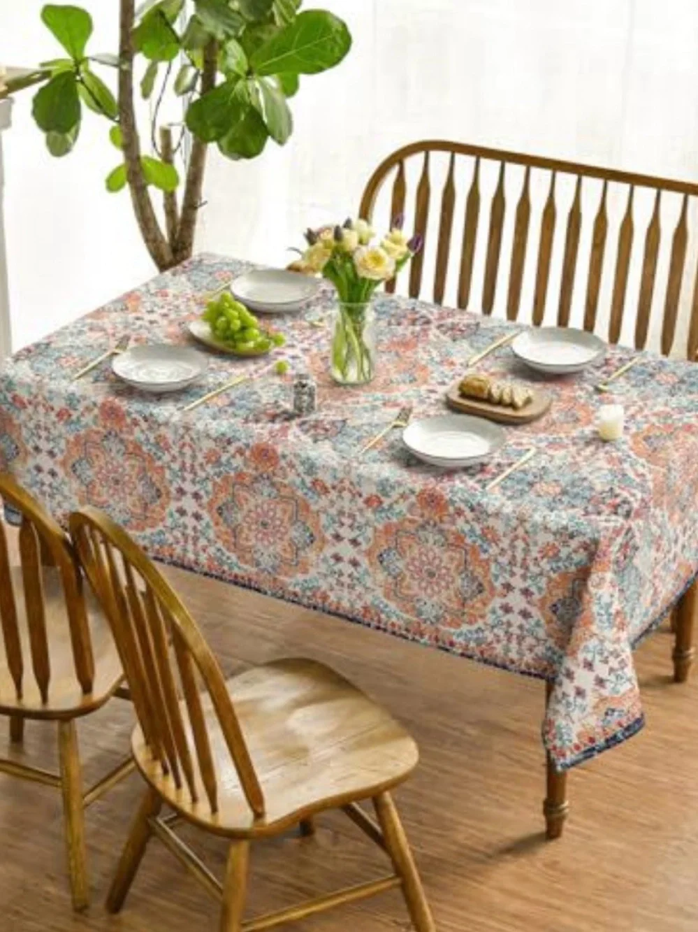 Boho Floral Medallion Tablecloth in Coral and Teal